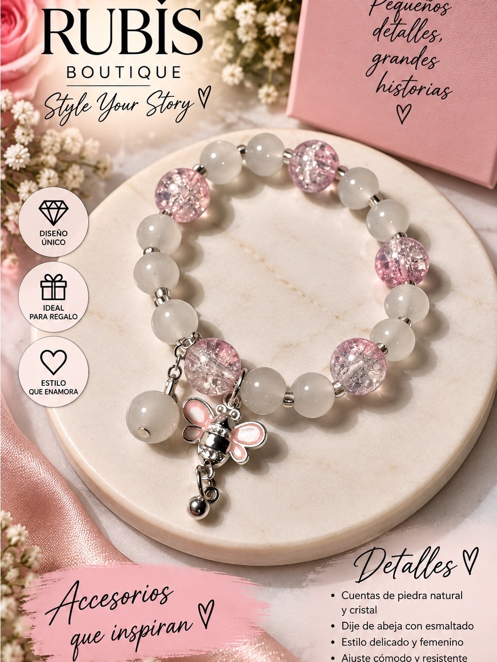 Pink & White Beaded Bracelet with Bee Charm